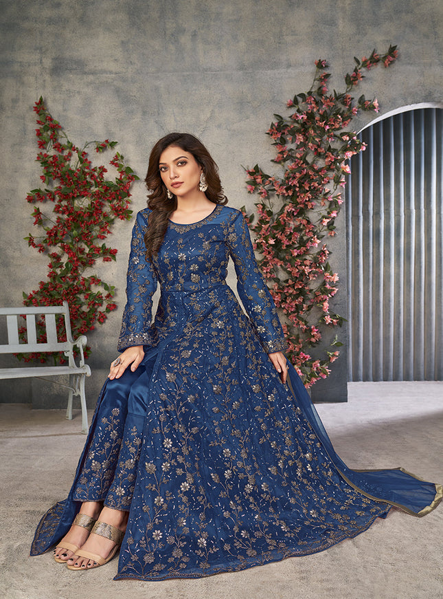 peacock blue embroidered net pant kameez for ceremonial