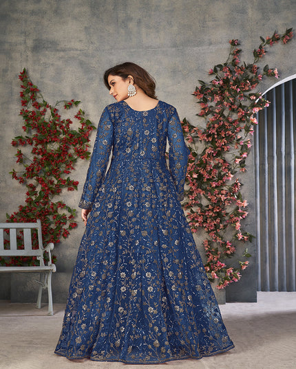 peacock blue embroidered net pant kameez for ceremonial