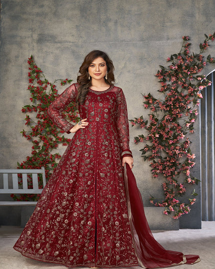maroon embroidered net pant kameez for ceremonial