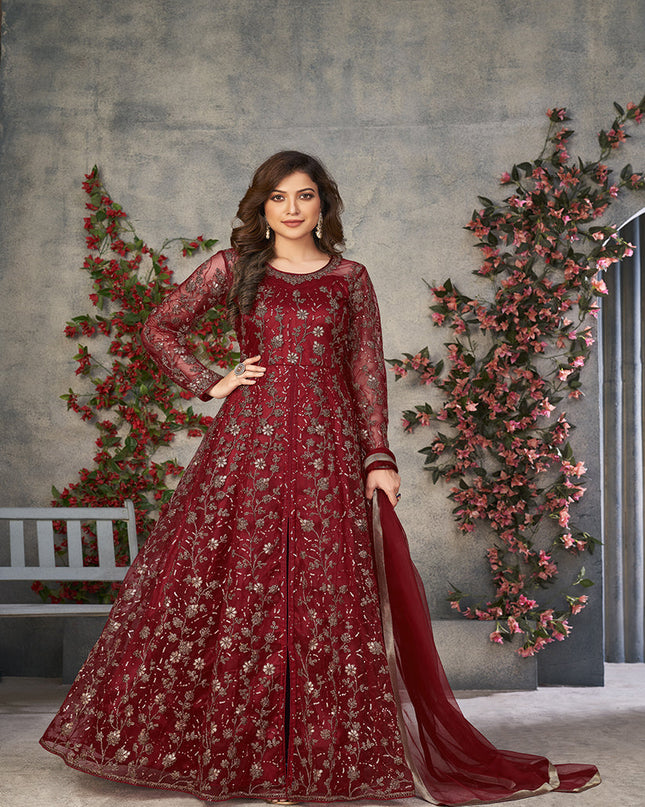 maroon embroidered net pant kameez for ceremonial