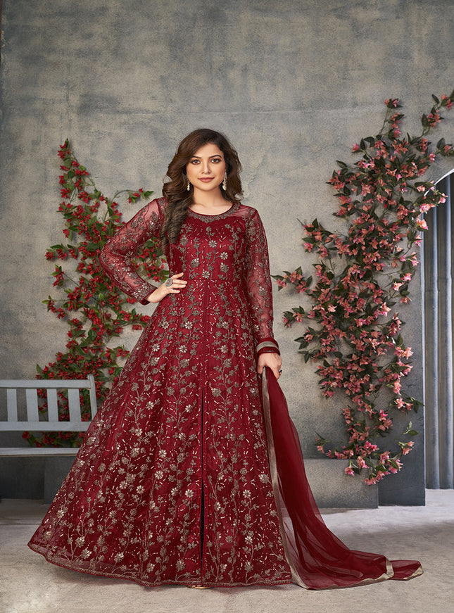 maroon embroidered net pant kameez for ceremonial