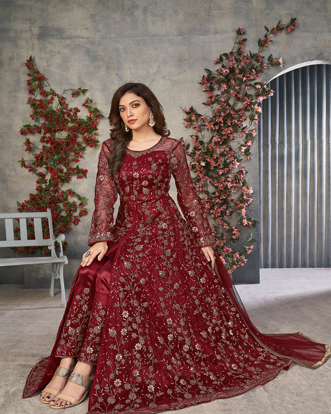 maroon embroidered net pant kameez for ceremonial