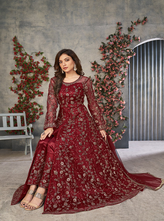 maroon embroidered net pant kameez for ceremonial