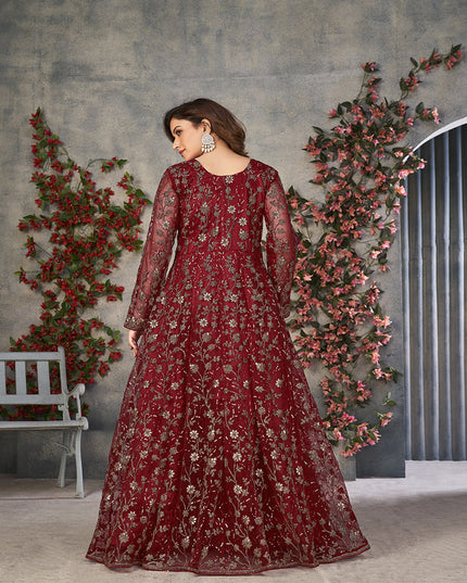 maroon embroidered net pant kameez for ceremonial