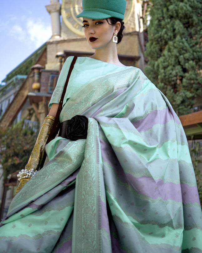 Multicolor Katan Silk Handloom Weaving Saree For Festival