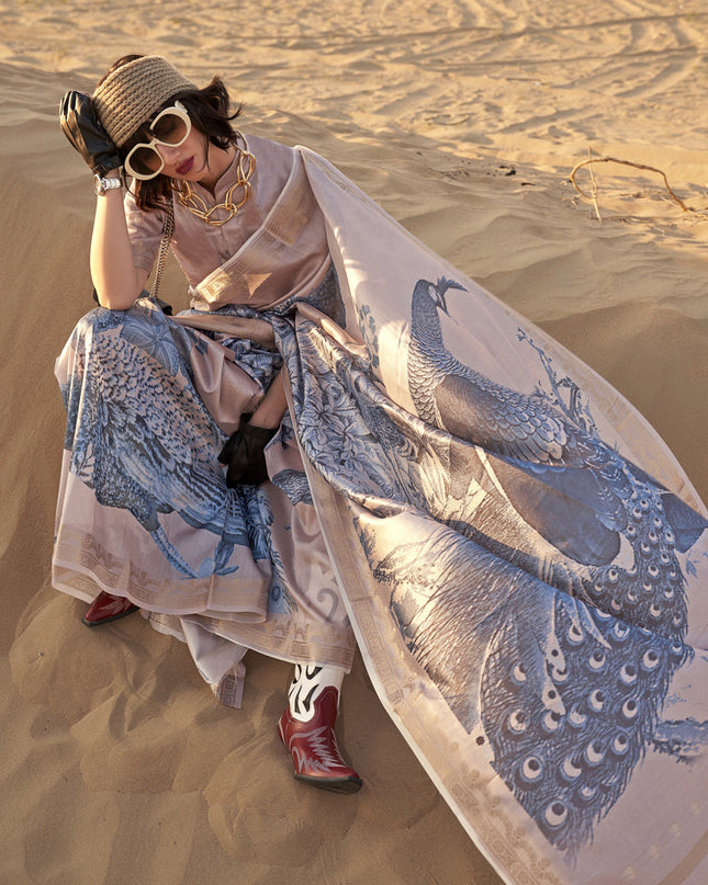 Dusty Beige and Slate Blue Tussar Silk Printed Saree