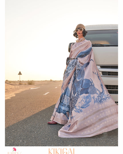 Dusty Beige and Slate Blue Tussar Silk Printed Saree