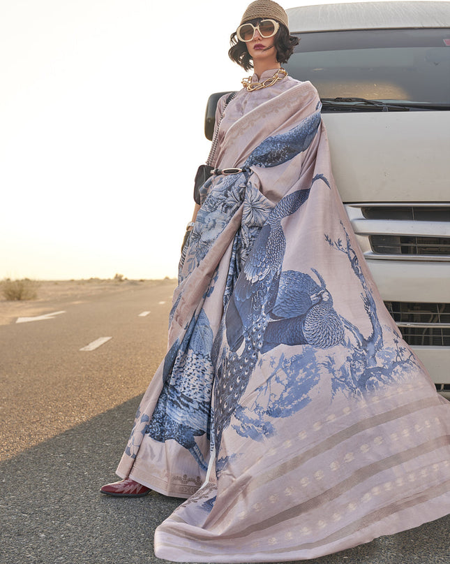 Dusty Beige and Slate Blue Tussar Silk Printed Saree