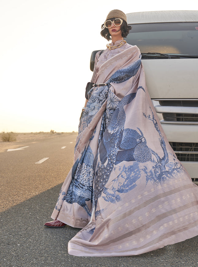 Dusty Beige and Slate Blue Tussar Silk Printed Saree