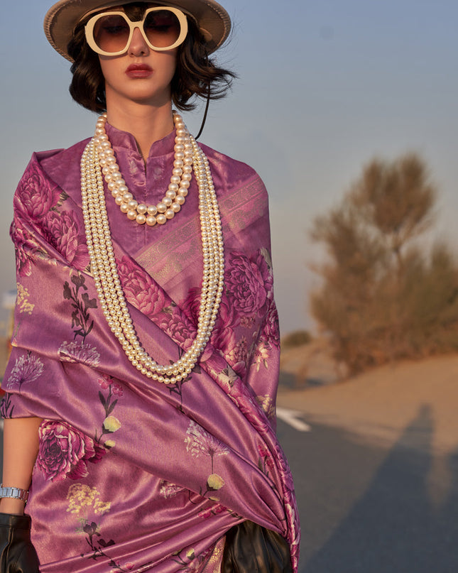 Dusty Pink Tussar Silk Printed Saree