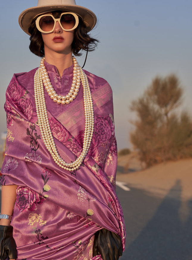 Dusty Pink Tussar Silk Printed Saree