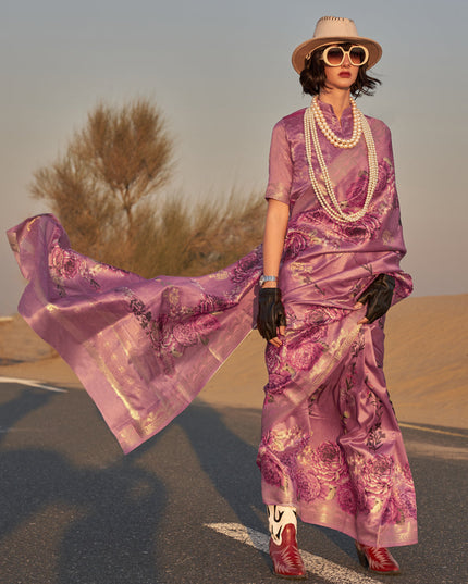 Dusty Pink Tussar Silk Printed Saree