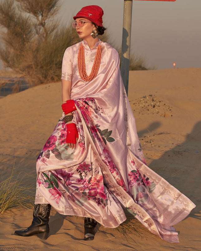 Blush Pink Tussar Silk Printed Saree
