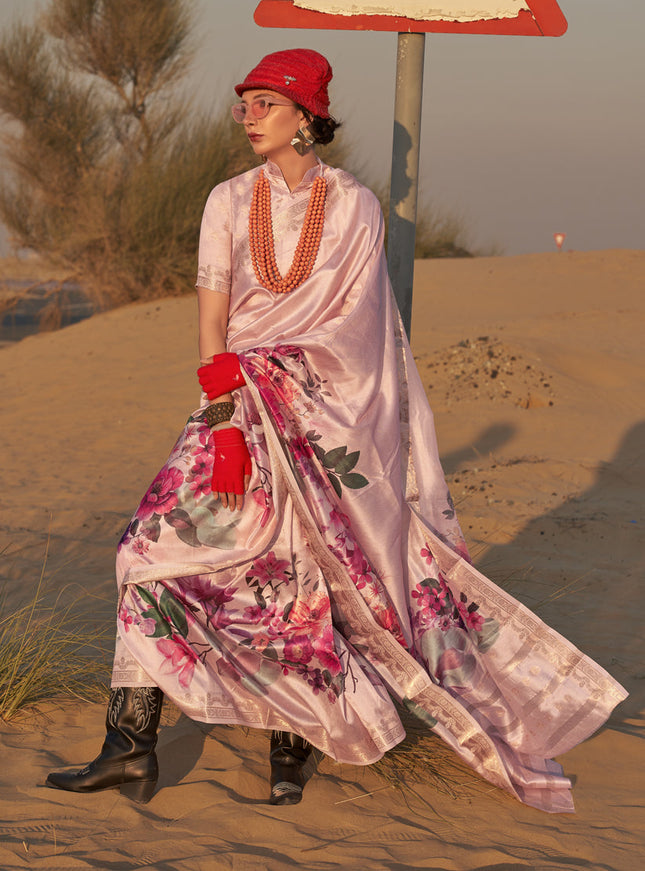 Blush Pink Tussar Silk Printed Saree