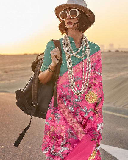 Rani Pink Tussar Silk Printed Saree