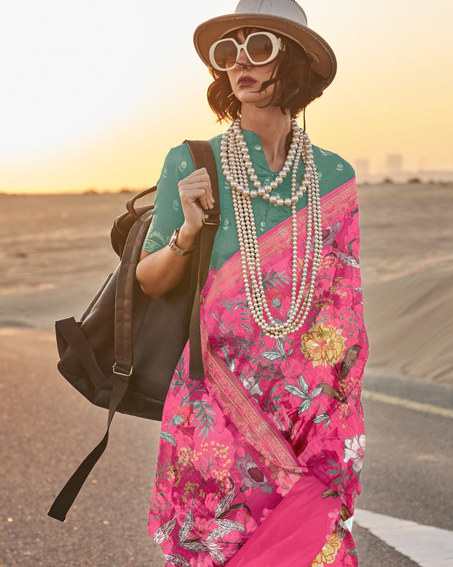 Rani Pink Tussar Silk Printed Saree