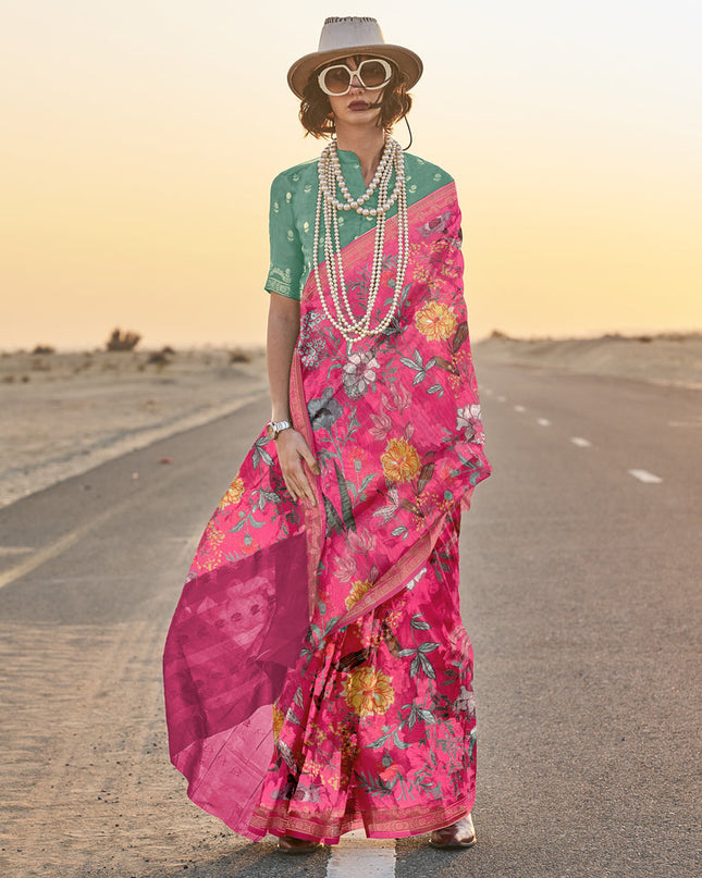 Rani Pink Tussar Silk Printed Saree