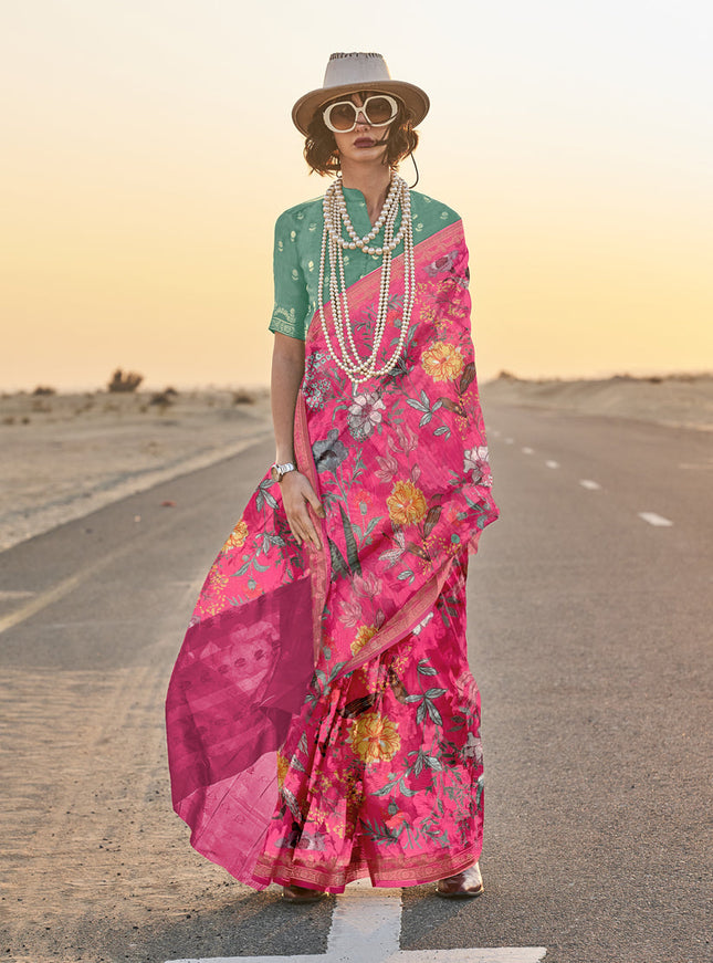 Rani Pink Tussar Silk Printed Saree