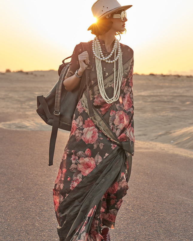 Moss Black Tussar Silk Printed Saree