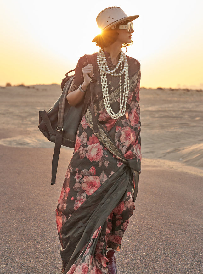 Moss Black Tussar Silk Printed Saree