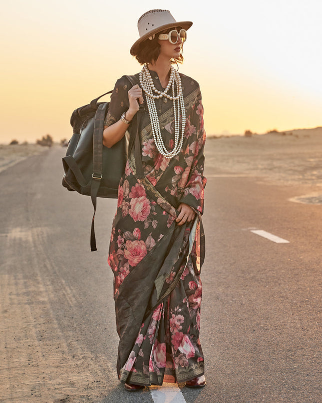 Moss Black Tussar Silk Printed Saree