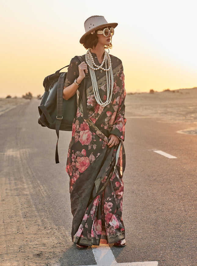 Moss Black Tussar Silk Printed Saree