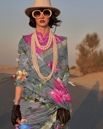Slate Grey Tussar Silk Printed Saree