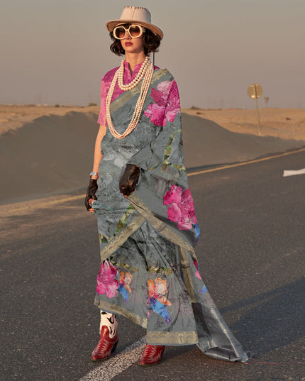 Slate Grey Tussar Silk Printed Saree