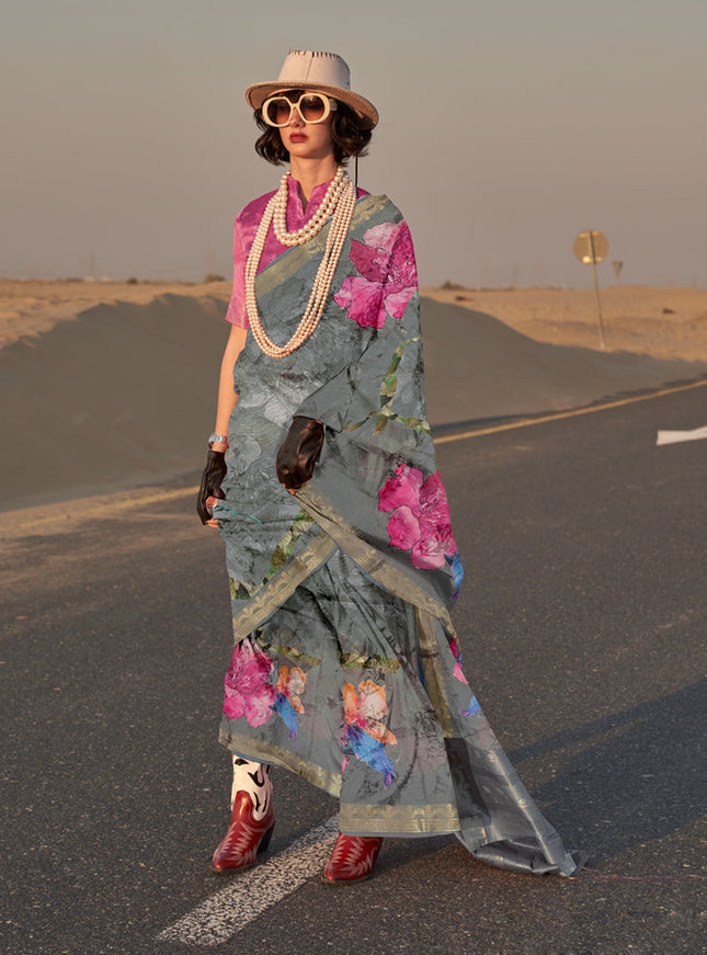 Slate Grey Tussar Silk Printed Saree