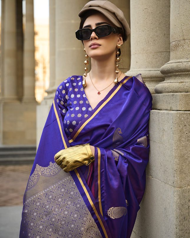 Violet Satin Silk Handloom Weaving Saree