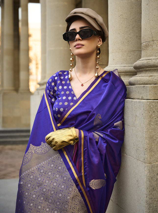 Violet Satin Silk Handloom Weaving Saree