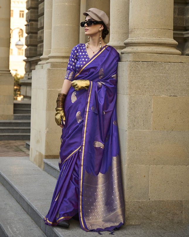 Violet Satin Silk Handloom Weaving Saree