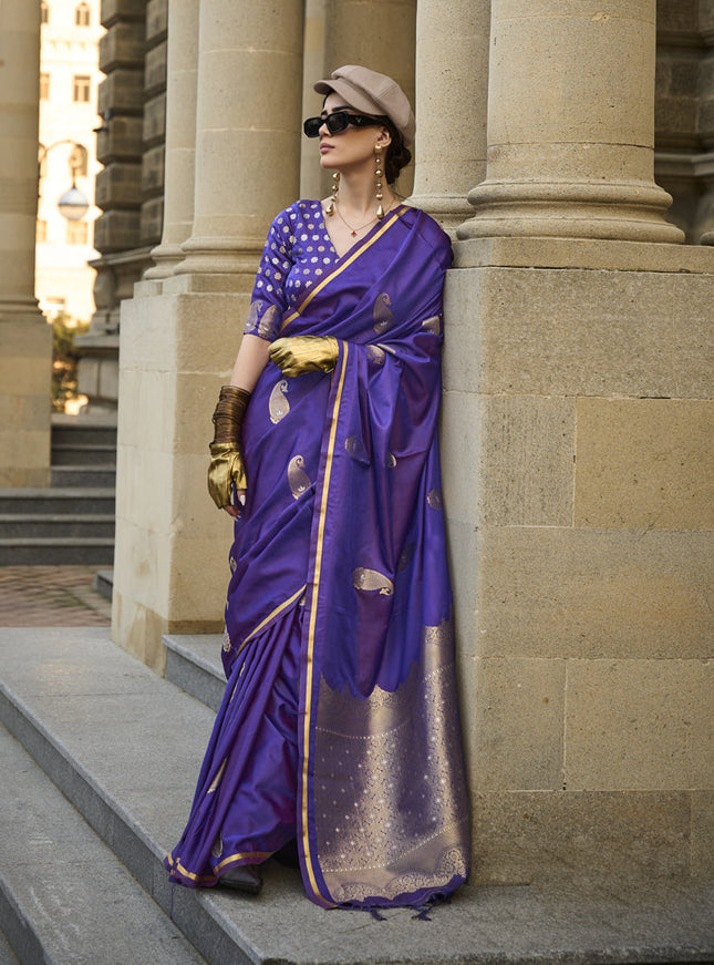 Violet Satin Silk Handloom Weaving Saree