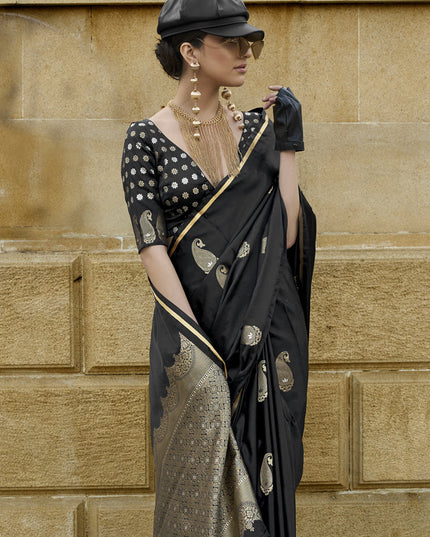 Black Satin Silk Handloom Weaving Saree