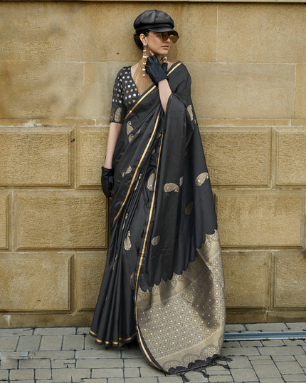 Black Satin Silk Handloom Weaving Saree