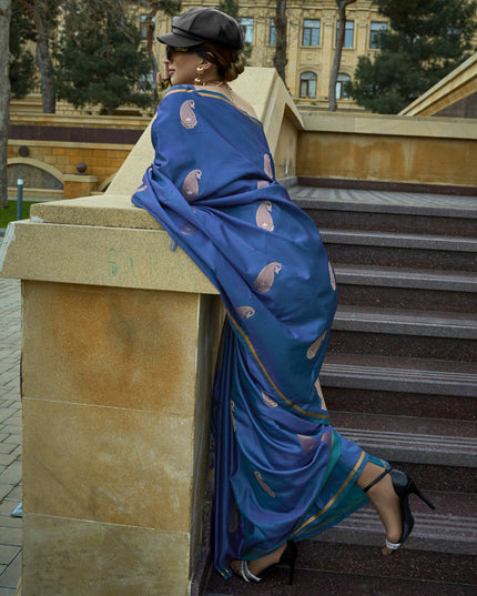 Cobalt Blue Satin Silk Handloom Weaving Saree
