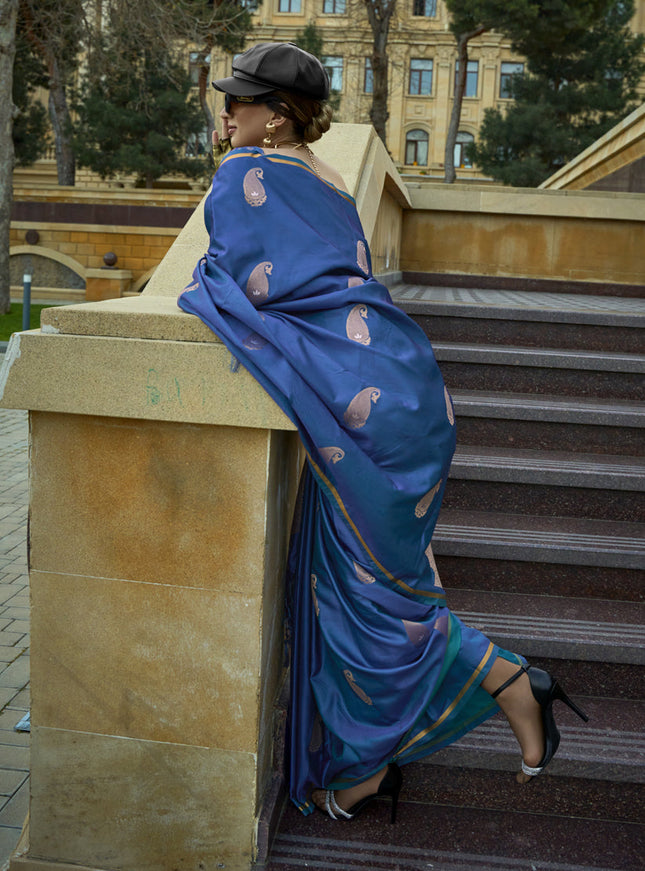 Cobalt Blue Satin Silk Handloom Weaving Saree
