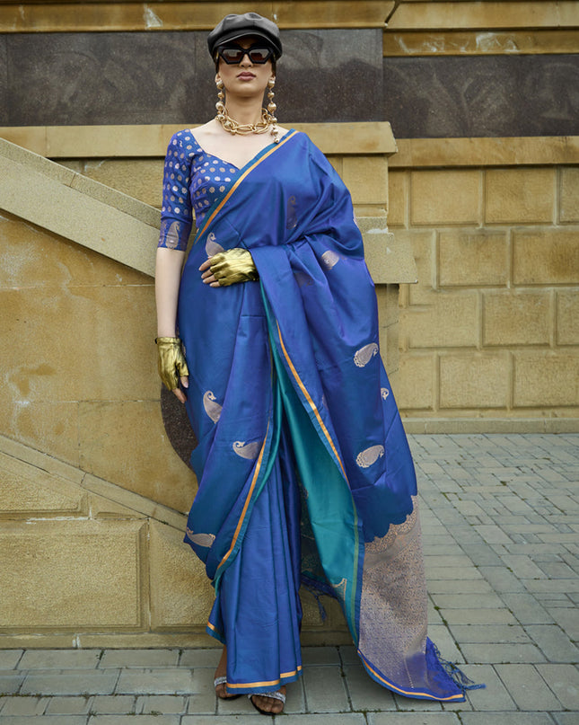 Cobalt Blue Satin Silk Handloom Weaving Saree