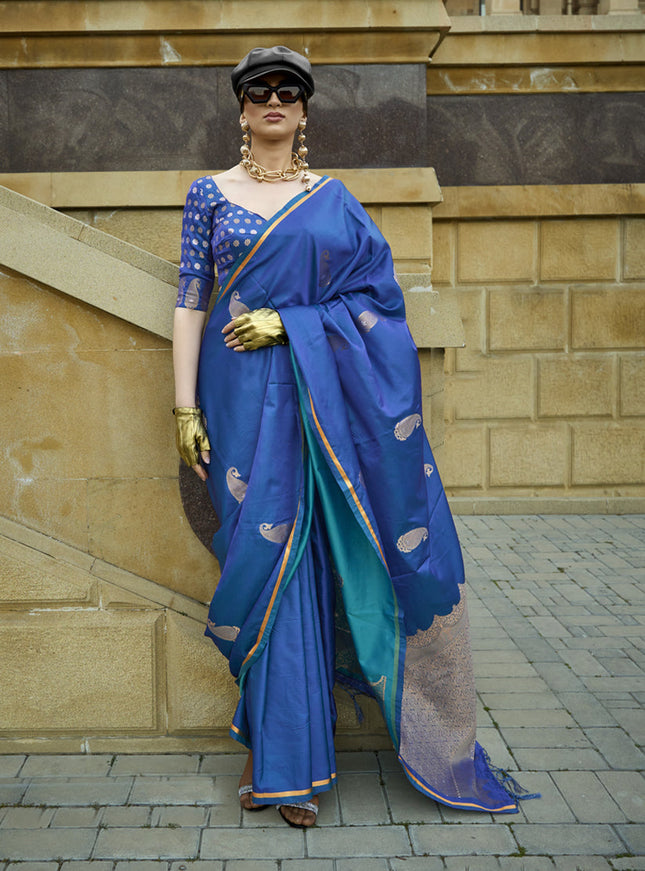 Cobalt Blue Satin Silk Handloom Weaving Saree