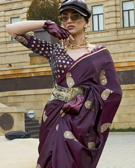 Burgundy Satin Silk Handloom Weaving Saree