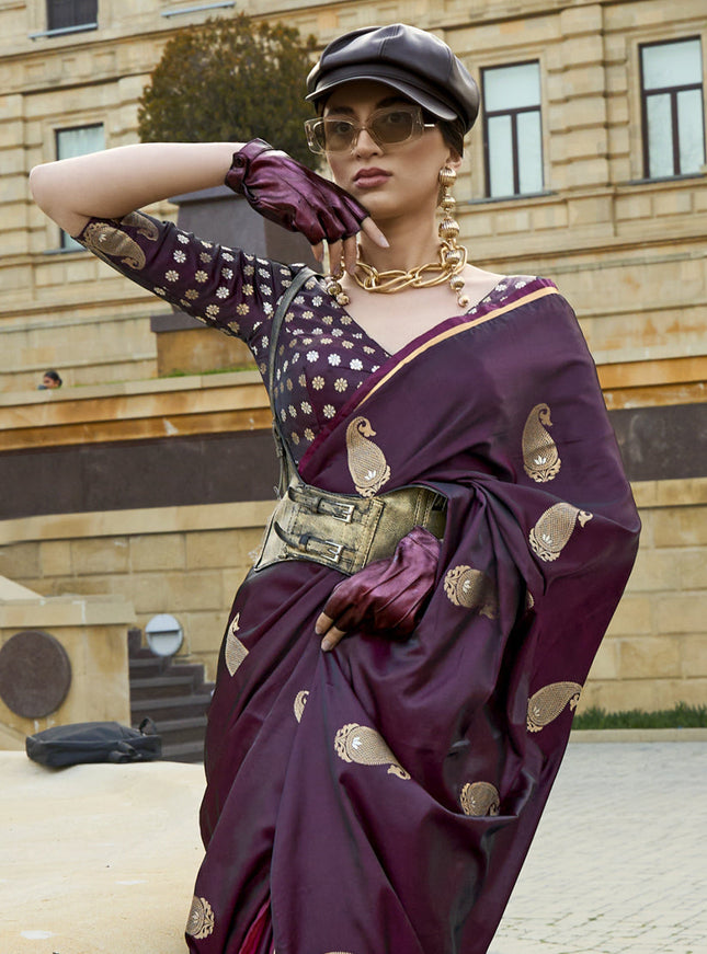 Burgundy Satin Silk Handloom Weaving Saree
