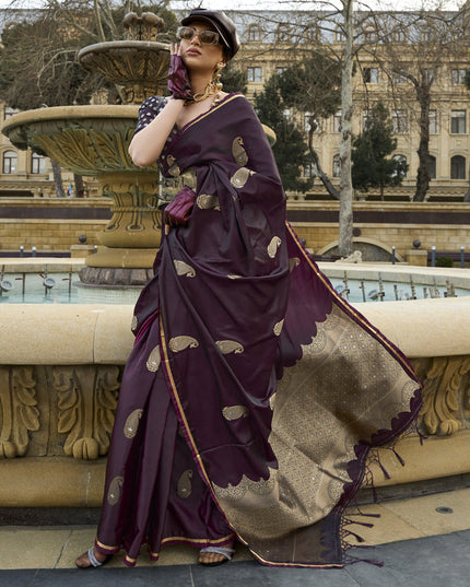 Burgundy Satin Silk Handloom Weaving Saree