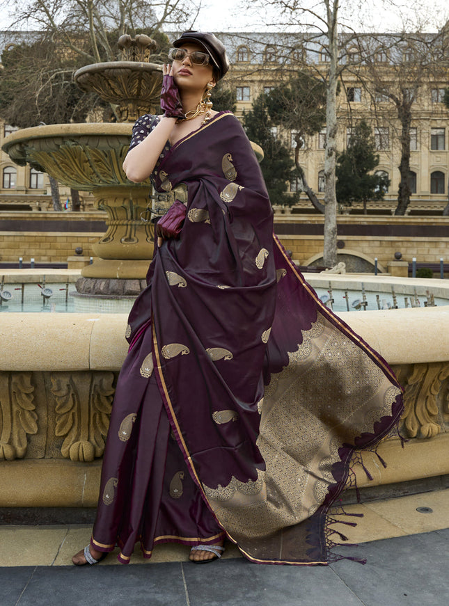 Burgundy Satin Silk Handloom Weaving Saree