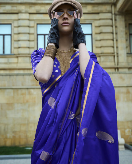 Royal Blue Satin Silk Handloom Weaving Saree