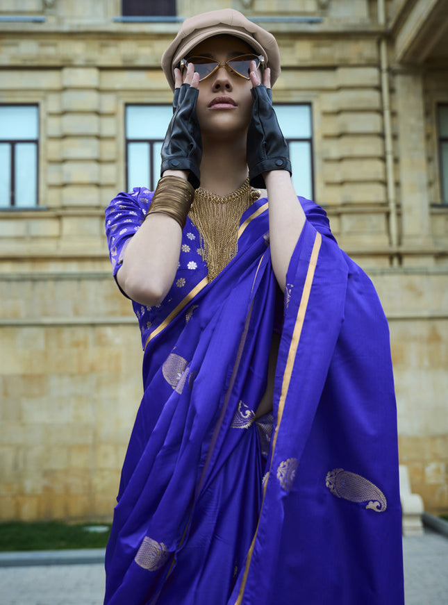 Royal Blue Satin Silk Handloom Weaving Saree