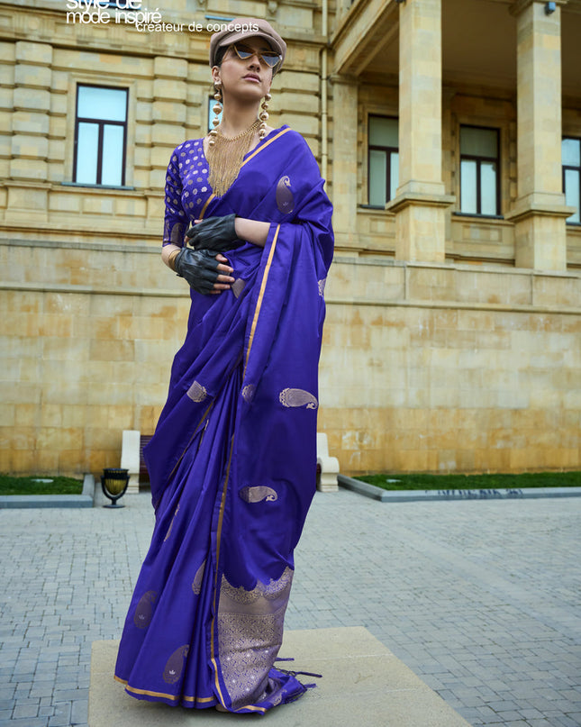 Royal Blue Satin Silk Handloom Weaving Saree
