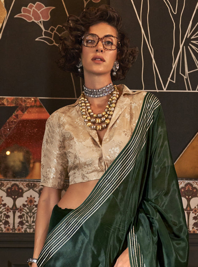 Pine Green Pure Viscose Handloom Weaving Saree