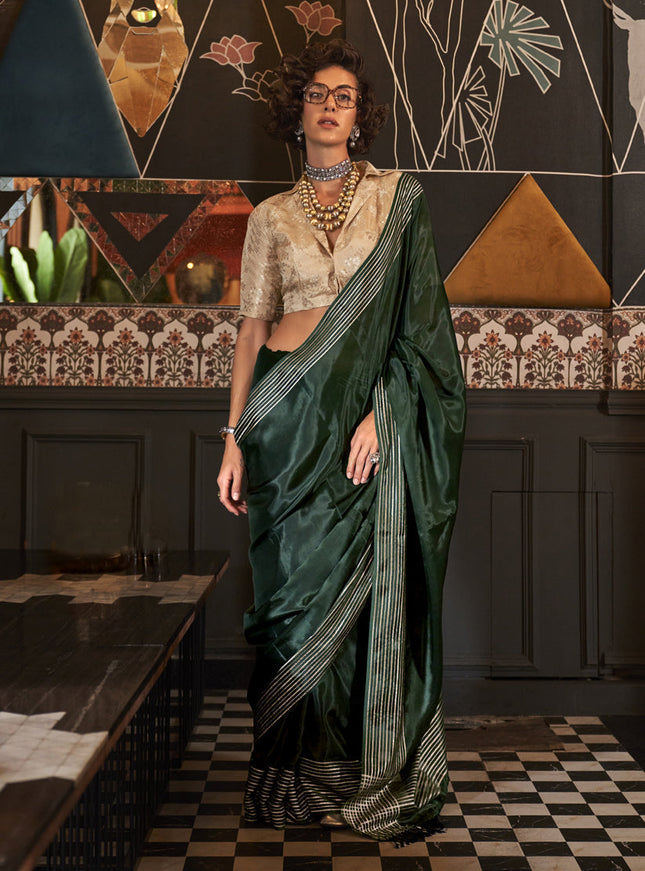 Pine Green Pure Viscose Handloom Weaving Saree