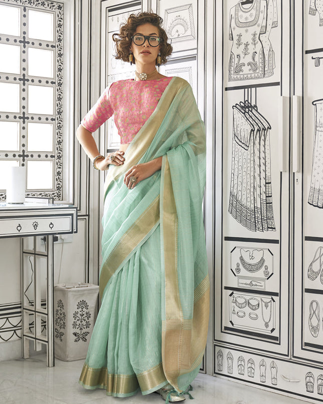 Turquoise Moss Chiffon Handloom Weaving Saree