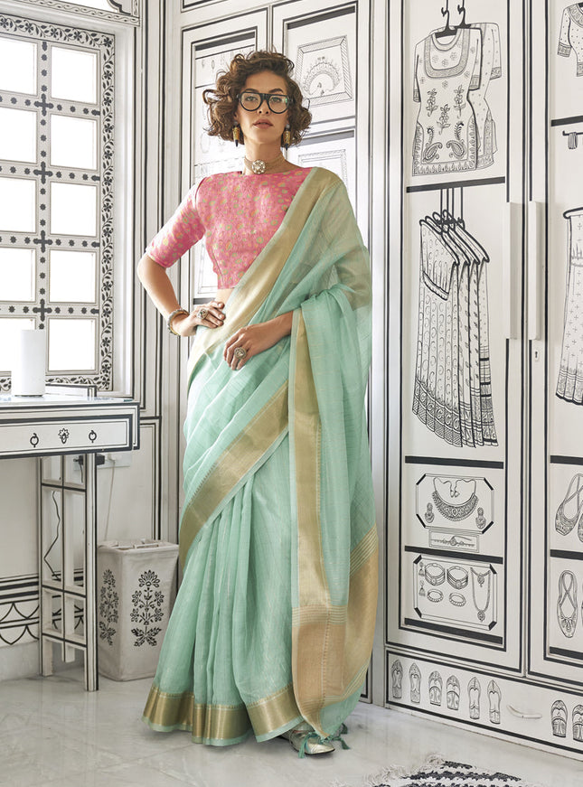 Turquoise Moss Chiffon Handloom Weaving Saree